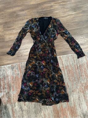 FRNCH Paris Womens Midi Dress Floral Print Black Sz M Sheer Overlay